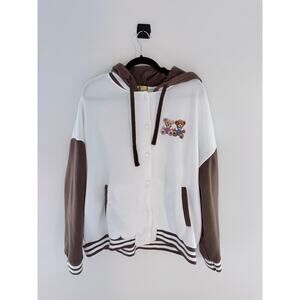 Cult Favorite Varsity Style Hoodie Button Up with Teddy Bear Graphic-Size 3X